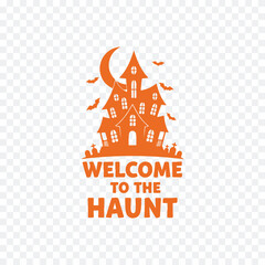 A Halloween-themed graphic featuring a haunted house, crescent moon, and bats, with text 'Welcome to the Haunt'.