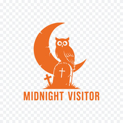 A spooky logo featuring an owl perched on a gravestone under a crescent moon, with text 'Midnight Visitor' below. Perfect for Halloween.