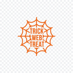 Orange spider web graphic with 'TRICK WEB TREAT' text, ideal for Halloween promotions, isolated on white background.