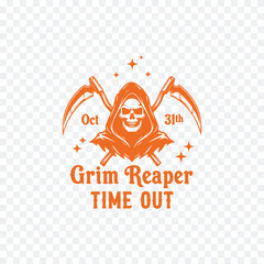 A Halloween logo featuring a grim reaper with crossed scythes and the text 'Grim Reaper Time Out' on October 31st.