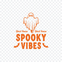 A playful ghost house logo featuring a cute ghost and bats, with bold orange text reading 'Spooky Vibes' and 'Ghost House'.
