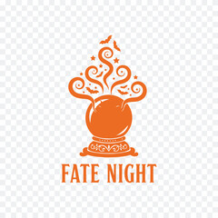 A vibrant orange Fate Night logo featuring a crystal ball with swirling magic, set against a clean white background for versatility.