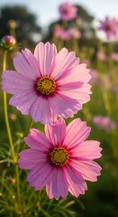 Pink Cosmos Flowers in a Field of Greenery.