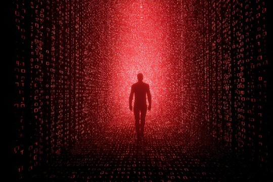 Minimal 3D render of a human silhouette surrounded by binary data, symbolizing AI and digital identity.