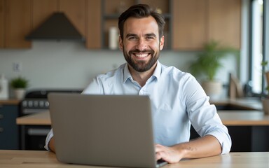 Young man using laptop and smiling. High quality
