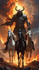 Fototapeta premium A colossal horned warrior, armor-clad, presides over three horses riding through fire and smoke. An ominous figure against a fiery backdrop