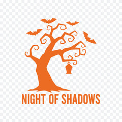 A Halloween logo featuring a twisted tree, bats, and a lantern with the text 'Night of Shadows,' set against a white background.