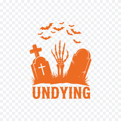 A Halloween logo featuring a graveyard, hand, and bats with the word 'Undying' in bold orange, perfect for spooky branding.