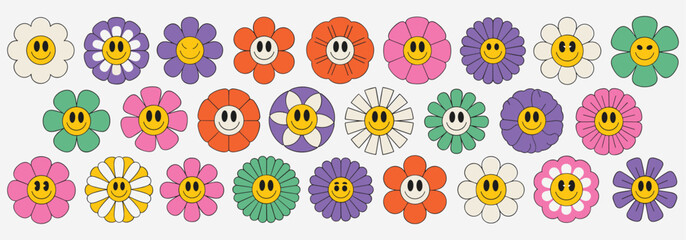 Collection Of Groovy Retro Smiley Flower Icons In Various Colors cartoon cheerful