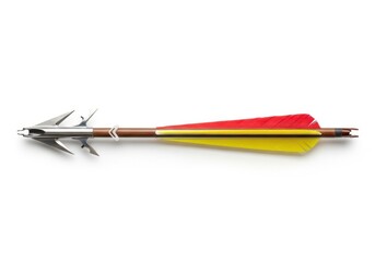 Close-up view of a sharp archery arrow with bright red fletching