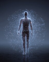 Minimal 3D render of a human silhouette surrounded by binary data, symbolizing AI and digital identity.