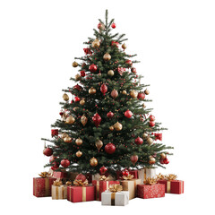 Traditional Christmas Tree with Red and Gold Ornaments and Presents on Transparent Background