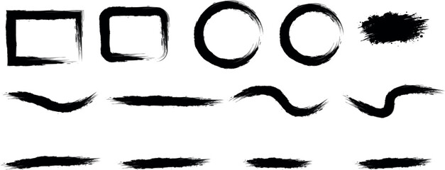 Collection of hand drawn brush stroke elements including squares, circles, lines, and abstract shapes, isolated on transparent background