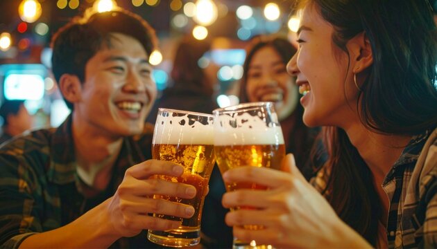 Lively group of young friends celebrates, clinking glasses of beer together in a joyful manner. 