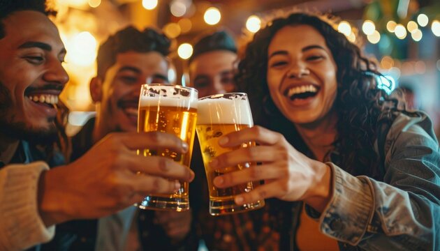 Lively group of young friends celebrates, clinking glasses of beer together in a joyful manner. 
