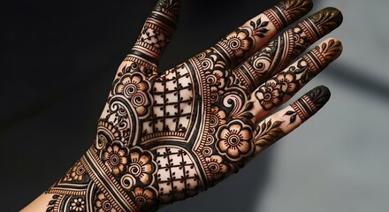 Fototapeta premium Intricate Traditional Henna Design Adorning Palm and Fingers with Floral Motifs and Detailed Patterns for Cultural Celebrations and Artistic Expression