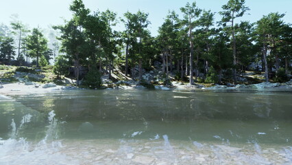 A peaceful lakeside view shows lush green trees lining the shore, with sunlight reflecting off the clear water. The scenery captures natures tranquility, creating a soothing atmosphere.