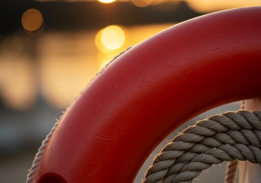 Bright orange life preserver with sturdy rope detail glows in warm sunset light, symbolizing safety and maritime readiness for marine adventures