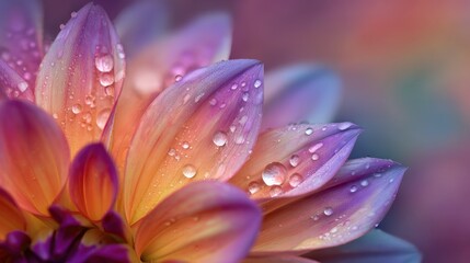 Fototapeta premium Close-Up of Colorful Dahlia Flower Petals with Water Droplets and Soft Background Highlighting Natural Beauty and Vibrant Colors in Floral Photography