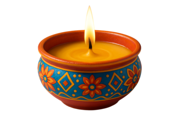 Colorful painted terracotta oil lamp filled with yellow wax and a flame, a vibrant decoration for the happy diwali season, isolated on transparent background