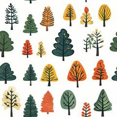 Cute tree pattern with autumn colors, seamless forest nature design.