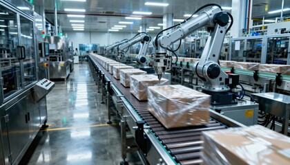 Naklejka premium Robotic Precision in Industrial Automation: An overview of an industrial manufacturing process, featuring robotic arms working on a conveyor belt.