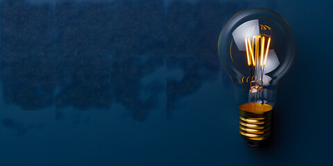 Light bulb with filament, close-up on dark blue background with copy space. Metaphor of inspiration, invention and creativity. Symbol of new ideas and solutions. Concept of brilliant idea