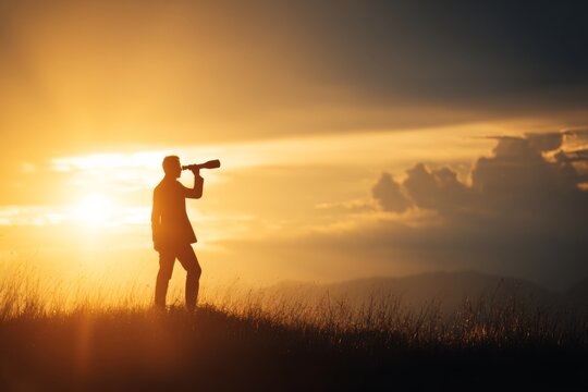 Man holding a telescope and looking toward the horizon, representing vision and strategic foresight.