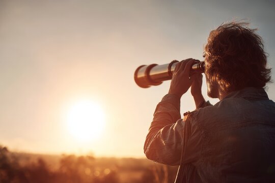 Man holding a telescope and looking toward the horizon, representing vision and strategic foresight.