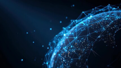 Futuristic blockchain technology visualization featuring a digital globe interconnected by a network of blue lines and nodes, representing global data exchange and innovation in the tech landscape - Powered by Adobe