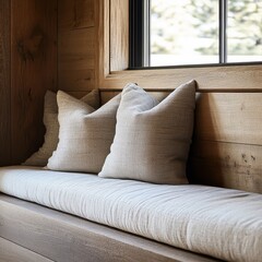 A window seat with two pillows on it