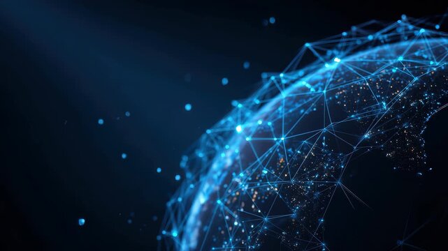 Futuristic blockchain technology visualization featuring a digital globe interconnected by a network of blue lines and nodes, representing global data exchange and innovation in the tech landscape - Powered by Adobe