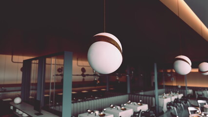 Stylish dining area featuring contemporary design and distinct hanging lights. The space is warm and inviting, suitable for gatherings and special occasions, with tables set for guests.