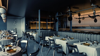 A modern restaurant features neatly arranged tables with white tablecloths and gleaming silverware. Soft lighting creates a warm ambience, perfect for intimate dining experiences at night.