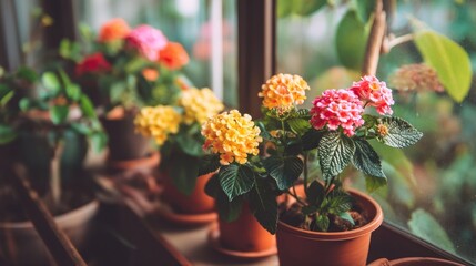Naklejka premium Vibrant Lantana Flowers in Colorful Pots on Bright Windowsill with Natural Light and Green Background