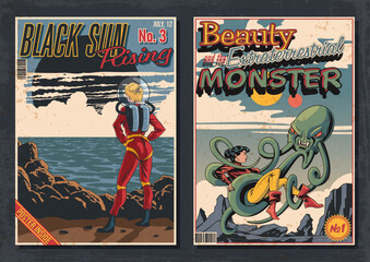 Retro Fantastic Comic Book Covers Style Set. Retro Future Sci Fi Books Illustrations. Women Astronaut on the Ocean Planet, in Outer Space with Alien Monster. Retro Colors, Aged Textured Frame