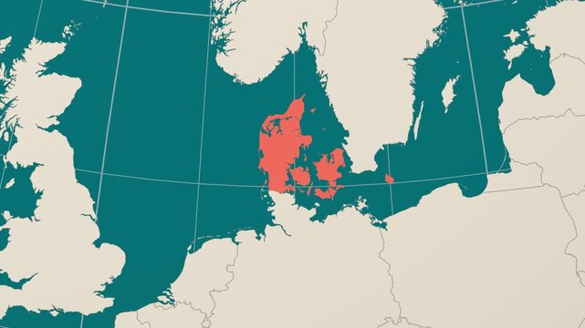 Denmark map. Animated zoom into the country on the Globe in Teal Pale Mint color palette. Country logo animation. Map with meridians, parallels. Captivating video.