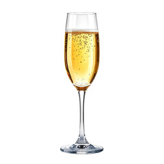 A tall flute filled with bubbly, golden liquid, topped with foam, against a black background