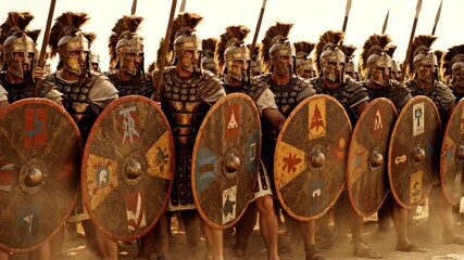 Ancient roman soldier army in formation marching ready for war battle with shield and spear, historical documentary footage