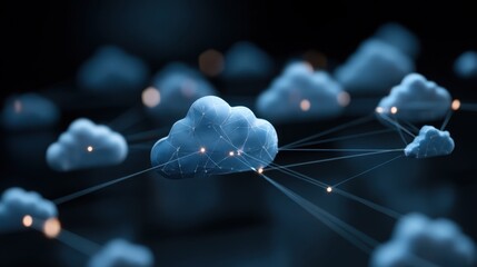 Abstract representation of cloud computing technology with floating clouds connected by glowing lines symbolizing data transfer and network communication