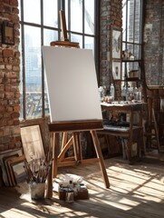 Blank canvas frame on a brick wall in a loft-style studio, art supplies and easel nearby, sunlight from large industrial windows.