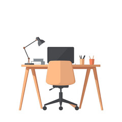 Fototapeta premium Minimalist Pixel Art Desk with Laptop and Lamp Against White Background Office Setup with Computer Stationery and Comfortable Chair