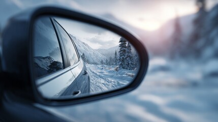 A winter landscape reflected in a car's side mirror, showcasing snow-covered mountains and trees during sunset.