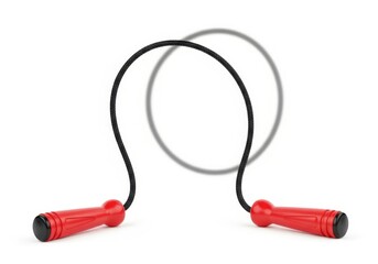 Bright red jump rope with black cord and grey ring on for fitness