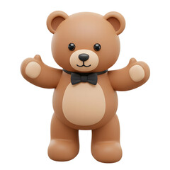 Obraz premium A 3D friendly and cute brown teddy bear cartoon character wearing a bow tie with open arms, inviting a warm hug. 3D rendered illustration