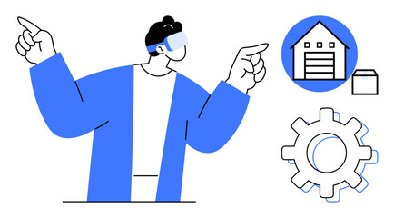 User wearing augmented reality glasses pointing to a warehouse and gear icons. Ideal for innovation, logistics, automation, technology, remote work, industrial systems, and future tech. Simple flat