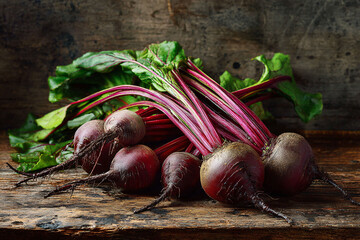 Fresh vibrant beetroots with green tops on rustic wood, healthy organic farm produce still life.