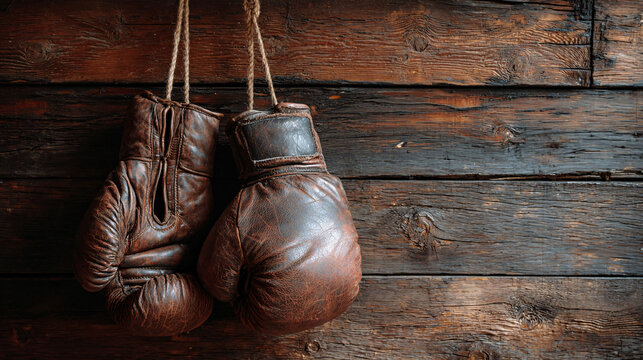 Vintage leather boxing gloves hanging on rustic wooden wall, strength and resilience concept. - Powered by Adobe