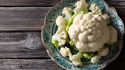 Fresh cauliflower florets and whole head on ornate blue plate, rustic wooden table, healthy eating concept
