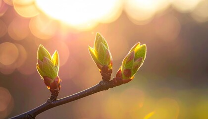 Close Up Macro Of Three Green Tree Buds On A Twig Illuminated By Golden Morning Sunlight With Soft Bokeh Background